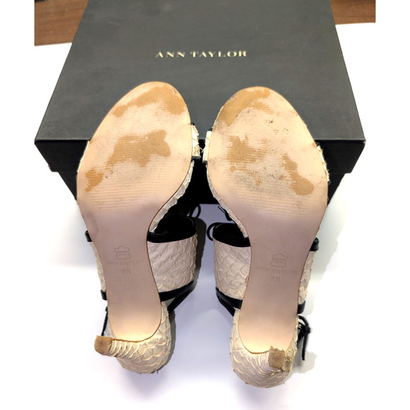 Ann Taylor Shoes Winter White Gwen Lace Up Exotic Heel Sz 8 Black Bow Tassel Bow - Picture 5 of 9